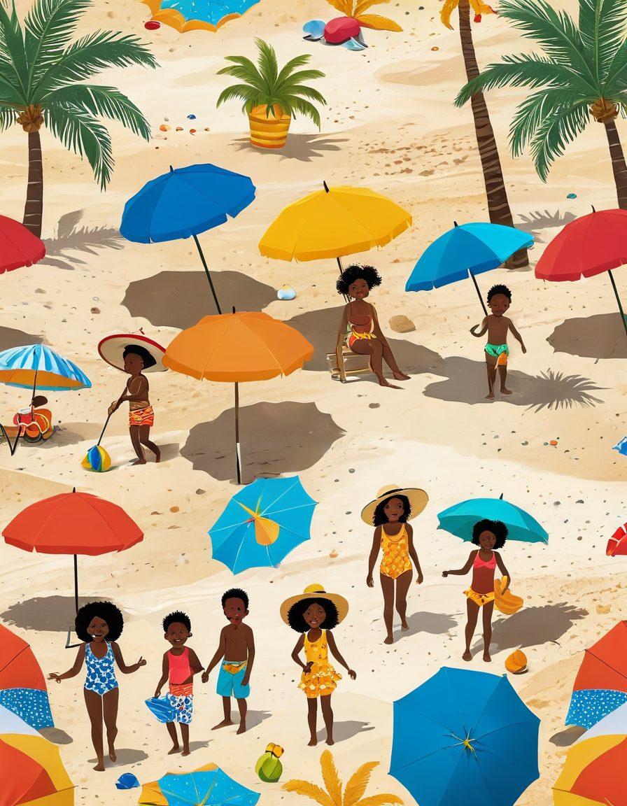 A vibrant beach scene showcasing diverse kids wearing stylish beachwear, such as colorful swimsuits, sun hats, and flip-flops. The background features a sunny shoreline with golden sand, beach toys, and playful waves. Add elements like beach umbrellas and palm trees to enhance the summer vibe. Kids of various ethnicities are joyfully playing together, emphasizing inclusivity in beach fashion. The style should be super-realistic with bright, cheerful colors.