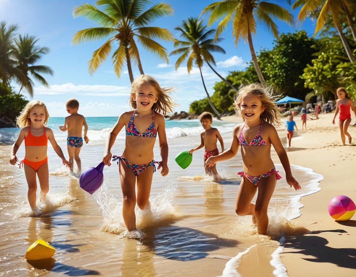 A lively beach scene featuring diverse children playing in colorful swimwear, splashing in the waves, and building sandcastles under a bright sun. Incorporate vibrant beach toys and tropical palm trees in the background, evoking the essence of endless summer fun. Make sure the swimwear is trendy and playful, showcasing various patterns and colors. Add a sense of movement to the water and joy in the children's expressions. super-realistic. vibrant colors. tropical theme.